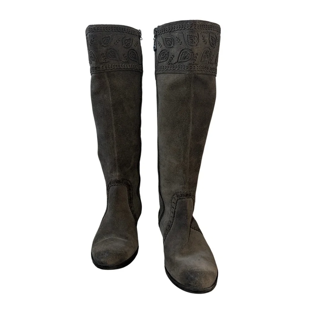 Nurture Tall Suede Boots Women 9.5M‎ Brown Leather Embroidered Paisley Boho Chic